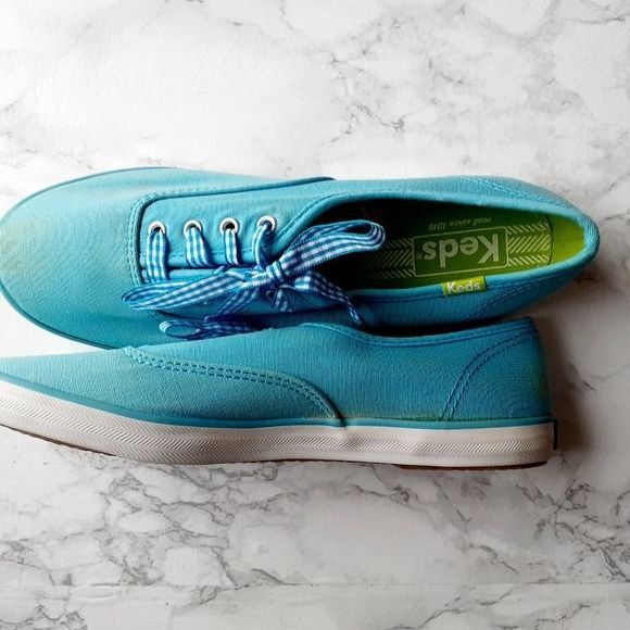 Keds Aqua Blue  Ladies Gingham Laces Canvas Low Top Sneaker Shoes Size 7.5 - Picture 7 of 14